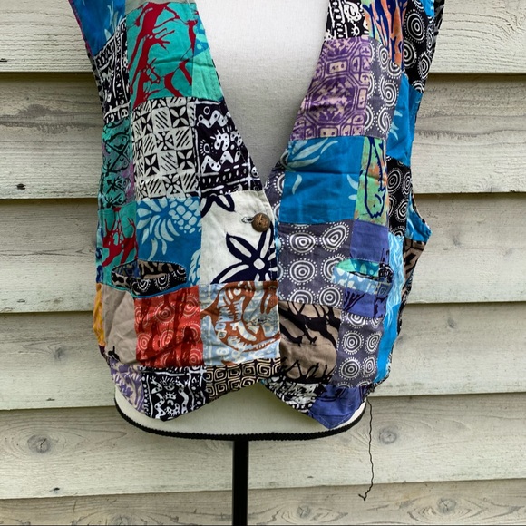 Vintage 80s Blue Handmade Abstract Patchwork Print Sleeveless Button Down Vest - Picture 10 of 16
